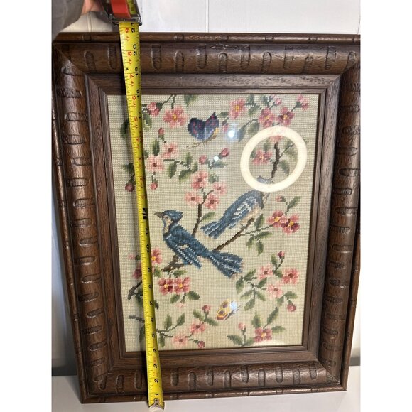 VTG Blue Jay Petit Point Needlepoint Framed Bird Art 17x20 Wall Decor Floral - Picture 5 of 6